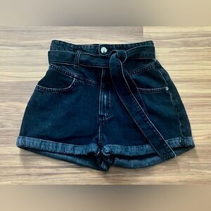Zara high waisted black washed denim paper bag shorts size 2